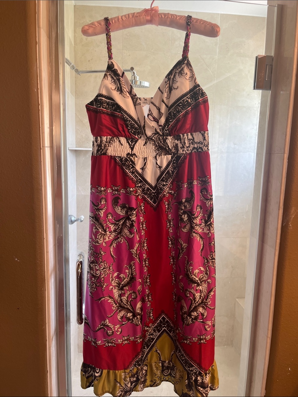Red Printed Satin Sleep midi dress with Paisley Motif